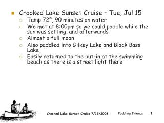 Crooked Lake Sunset Cruise – Tue, Jul 15 Temp 72º, 90 minutes on water