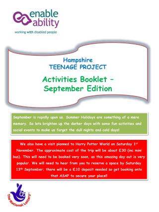 Hampshire TEENAGE PROJECT Activities Booklet – September Edition