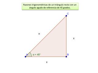 Razones trigonométricas de un triángulo recto con un ángulo agudo de referencia de 45 grados.