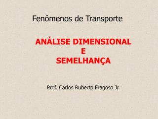 ANÁLISE DIMENSIONAL E SEMELHANÇA Prof. Carlos Ruberto Fragoso Jr.