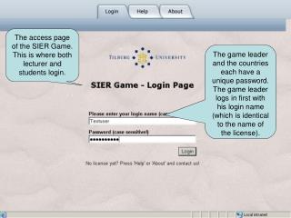 The access page of the SIER Game. This is where both lecturer and students login.