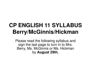 CP ENGLISH 11 SYLLABUS Berry/McGinnis/Hickman
