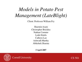 Models in Potato Pest Management (LateBlight)
