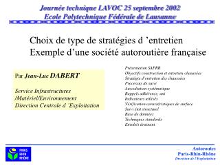 Journée technique LAVOC 25 septembre 2002 Ecole Polytechnique Fédérale de Lausanne