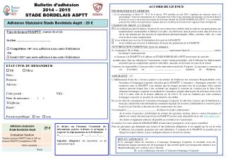 Bulletin d’adhésion 2014 – 2015 STADE BORDELAIS ASPTT