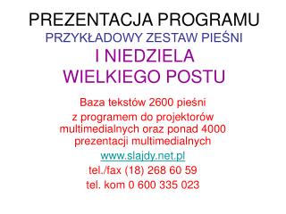 PREZENTACJA PROGRAMU PRZYKŁADOWY ZESTAW PIEŚNI I NIEDZIELA WIELKIEGO POSTU