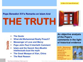 Pope Benedict XVI’s Remarks on Islam And THE TRUTH
