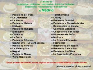 31 fichas de pastelerías / confiterías / reposterías / dulcerías / bollerías /