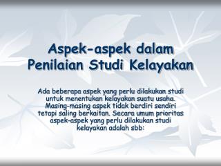 Aspek-aspek dalam Penilaian Studi Kelayakan