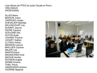 Liste élèves de PFEG du lycée Claude et Pierre VIRLOGEUX (RIOM 63200) ALLES Marie BESSON Julian