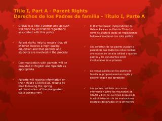 Title I, Part A - Parent Rights Derechos de los Padres de familia - Título I, Parte A