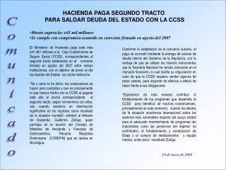 HACIENDA PAGA SEGUNDO TRACTO PARA SALDAR DEUDA DEL ESTADO CON LA CCSS