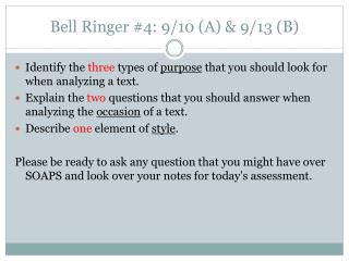 Bell Ringer #4: 9/10 (A) &amp; 9/13 (B)