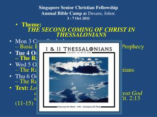 Singapore Senior Christian Fellowship Annual Bible Camp a t Desaru, Johor. 3 - 7 Oct 2011