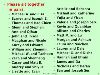 Please sit together in pairs: Michael A. and Lisa Barney and Joseph B. Thomas and Hao-Chien