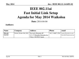 IEEE 802.11ai Fast Initial Link Setup Agenda for May 2014 Waikoloa