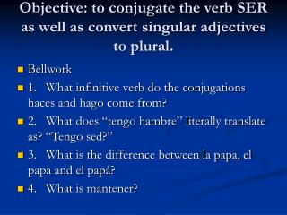Objective: to conjugate the verb SER as well as convert singular adjectives to plural.