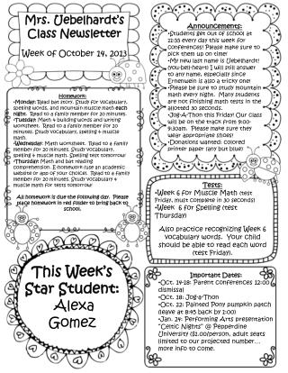Mrs. Uebelhardt’s Class Newsletter Week of October 14, 2013