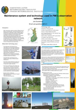 Maintenance system and technology used in FMI´s observation network Jani Gustafsson