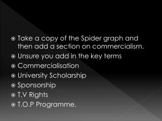 Take a copy of the Spider graph and then add a section on commercialism.