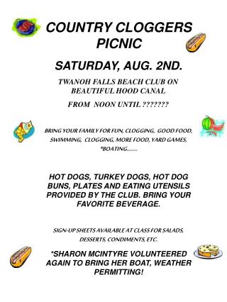 COUNTRY CLOGGERS PICNIC SATURDAY, AUG. 2ND. TWANOH FALLS BEACH CLUB ON BEAUTIFUL HOOD CANAL