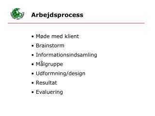 Møde med klient Brainstorm Informationsindsamling Målgruppe Udformning/design Resultat