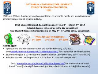 26 TH ANNUAL CALIFORNIA STATE UNIVERSITY STUDENT RESEARCH COMPETITION 2012
