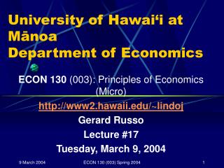 University of Hawai‘i at Mānoa Department of Economics