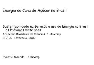 Energia da Cana de Açúcar no Brasil