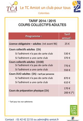 TARIF 2014 / 2015 COURS COLLECTIFS ADULTES