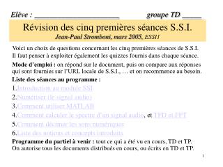 Révision des cinq premières séances S.S.I. Jean-Paul Stromboni, mars 2005, ESSI1