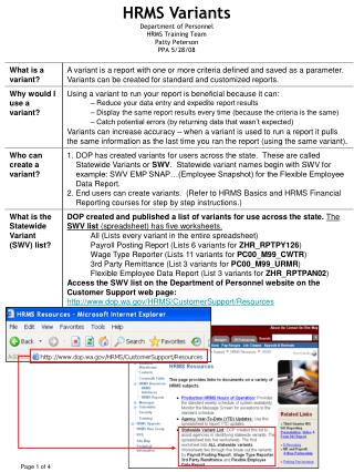 HRMS Variants Department of Personnel HRMS Training Team Patty Peterson PPA 5/28/08