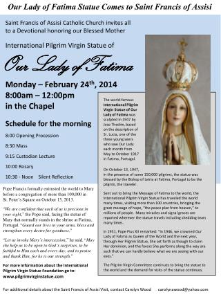 Our Lady of Fatima Statue Comes to Saint Francis of Assisi