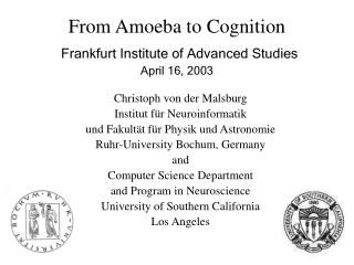 From Amoeba to Cognition Frankfurt Institute of Advanced Studies April 16, 2003
