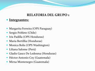 RELATORIA DEL GRUPO 1 Integrantes : Margarita Ferreira (OPS Paraguay) Sergio Poblete (Chile)