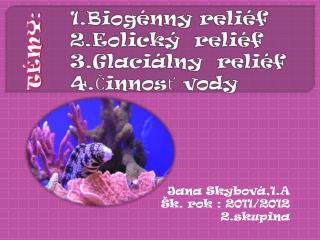 1.Biogénny reliéf 2.Eolický reliéf 3.Glaciálny reliéf 4.Činnosť vody