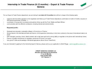 Internship in Trade Finance (6-12 months) – Export &amp; Trade Finance Geneva