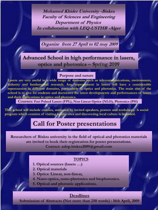 Advanced School in high performance in lasers, optics and photonics – Spring 2009