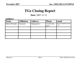 TGz Closing Report