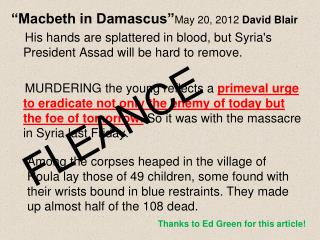 “Macbeth in Damascus” May 20, 2012 David Blair