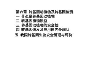 第六章 转基因动植物及转基因检测 一 什么是转基因动植物 二 转基因植物损益 三 转基因动植物的安全性 四 转基因研发及应用国内外现状