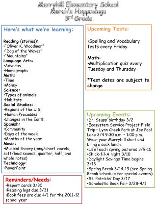 Merryhill Elementary School March’s Happenings 3 rd Grade