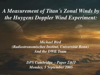 A Measurement of Titan´s Zonal Winds by the Huygens Doppler Wind Experiment: