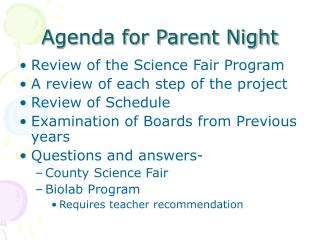 Agenda for Parent Night