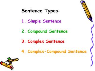 Sentence Types: Simple Sentence Compound Sentence Complex Sentence Complex-Compound Sentence