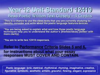 Year 12 Unit Standard 12419 Read Poetic Written Text Closely – 4 Credits