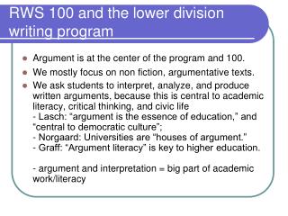 RWS 100 and the lower division writing program