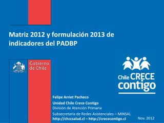 Matriz 2012 y formulación 2013 de indicadores del PADBP