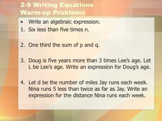 2-9 Writing Equations Warm-up Problems
