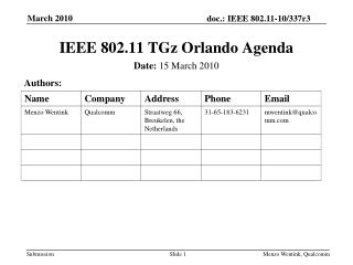 IEEE 802.11 TGz Orlando Agenda